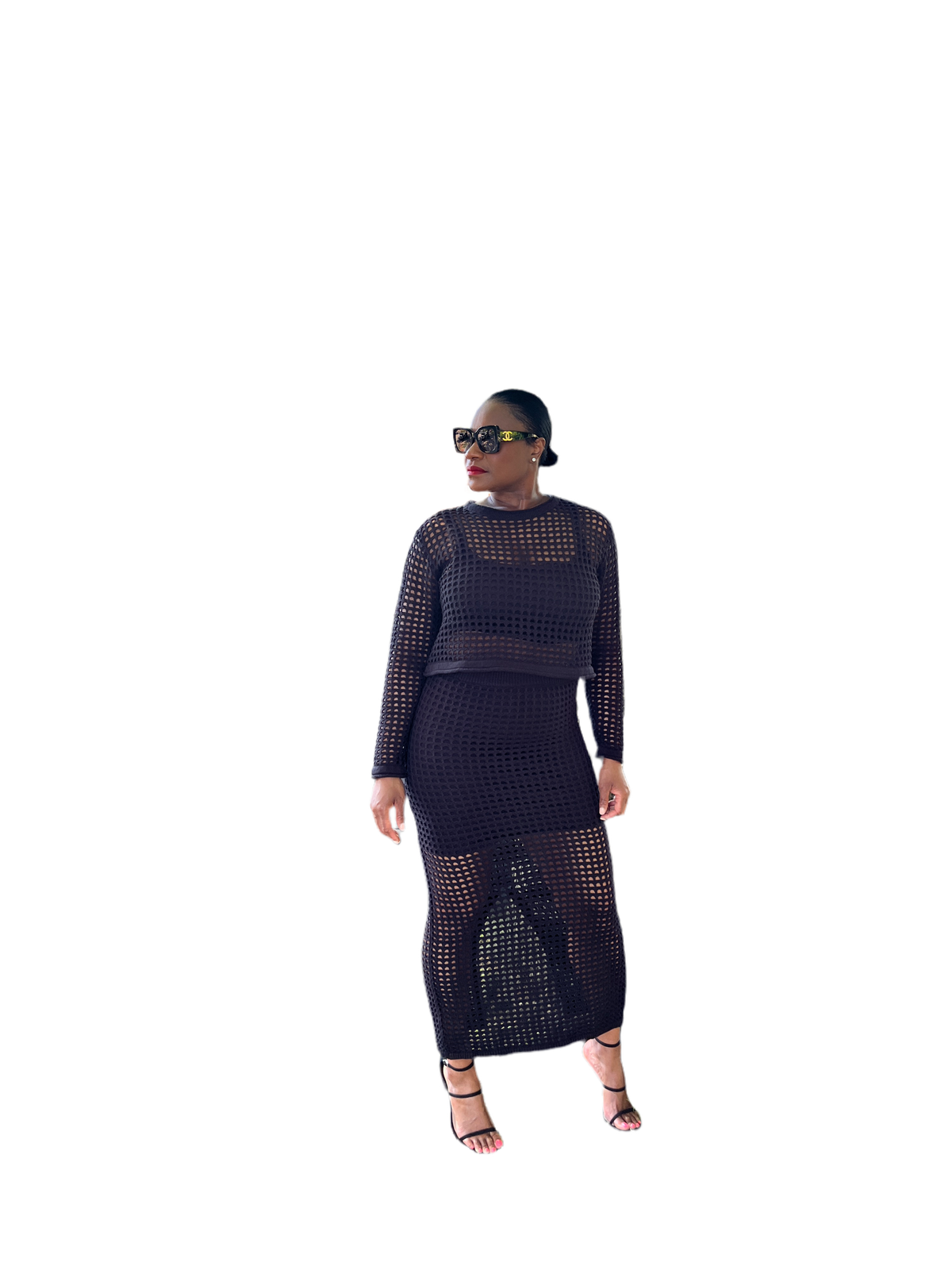 Black Crochet Long Sleeve Top