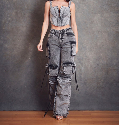 Acid Black Denim Cargo Jeans